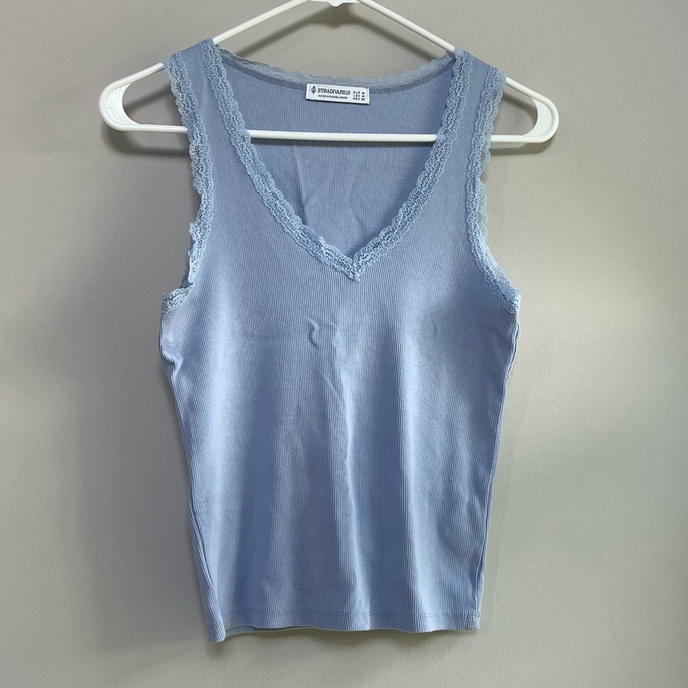 Stradivarius Light Blue Lace Trim Tank Top Medium (M)